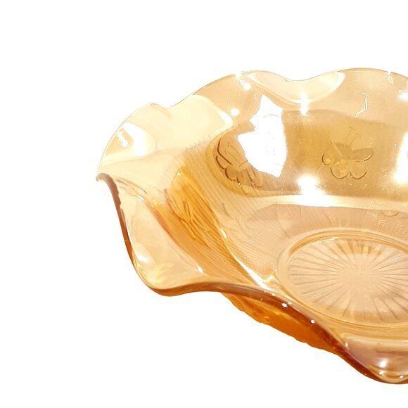 Jeanette Glass Iris & Herringbone Ruffled Edge Iridescent Depression Glass Bowl. - Picture 3 of 7